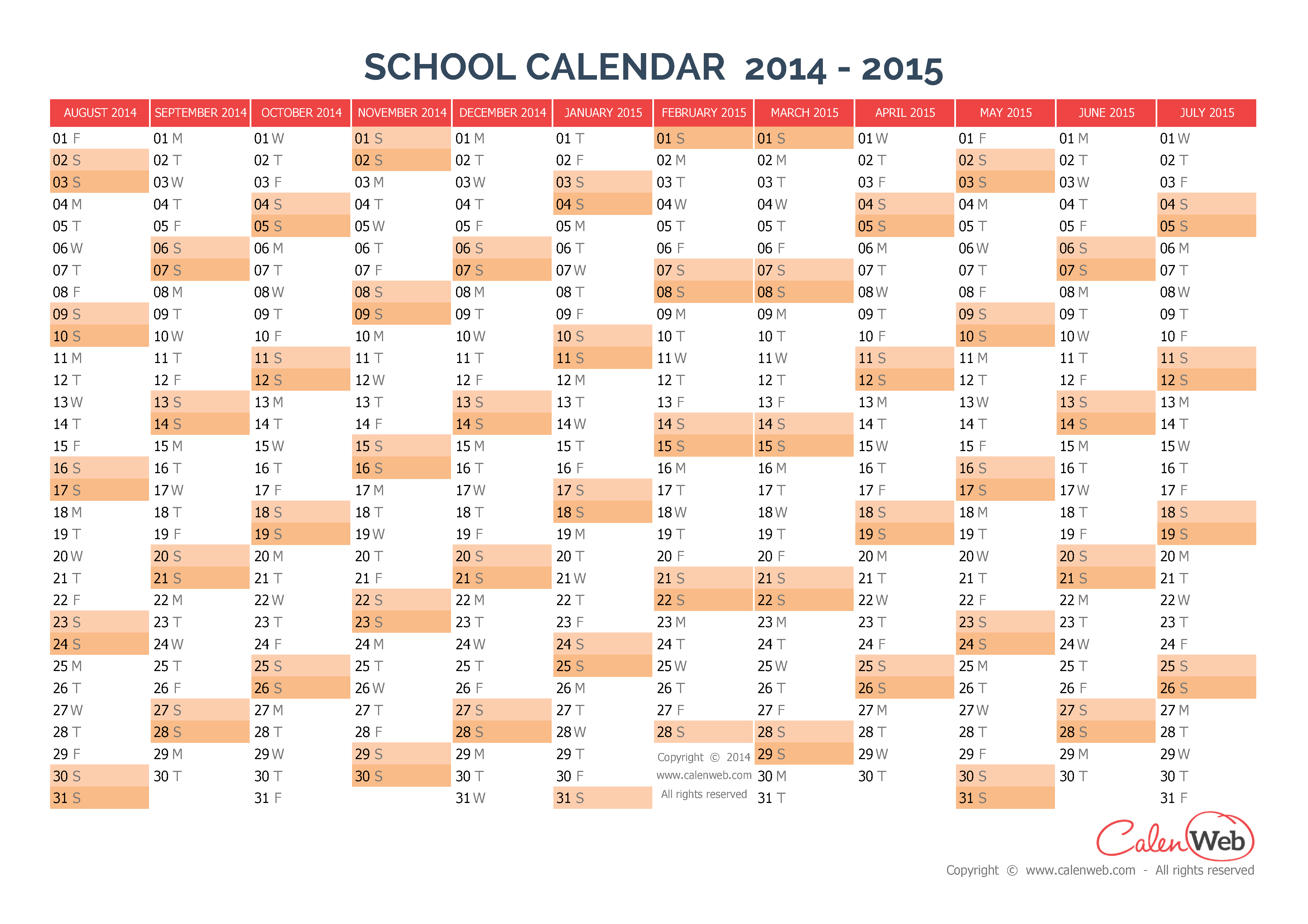 calendars for 2014 and 2015