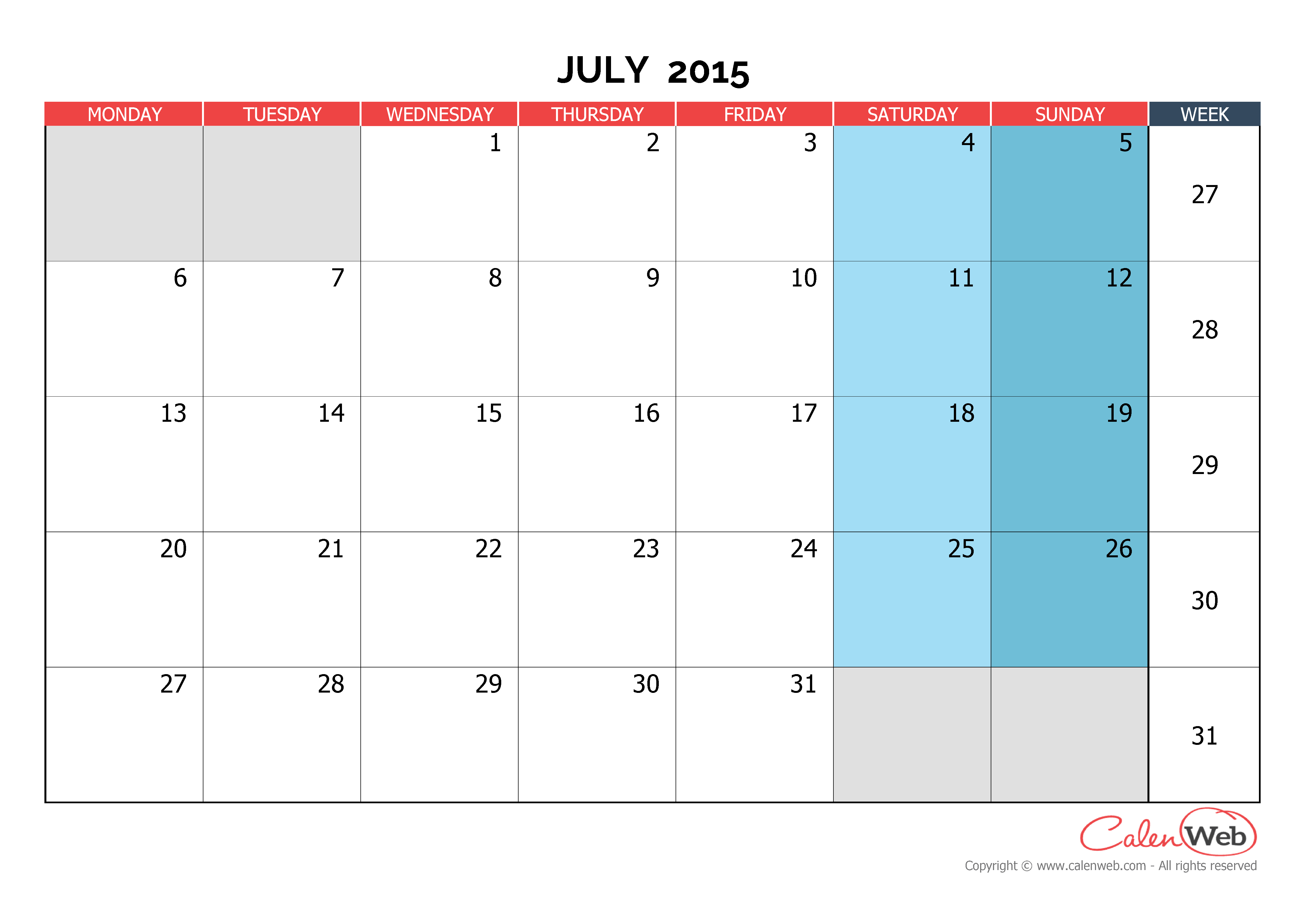 calendar of july 2015