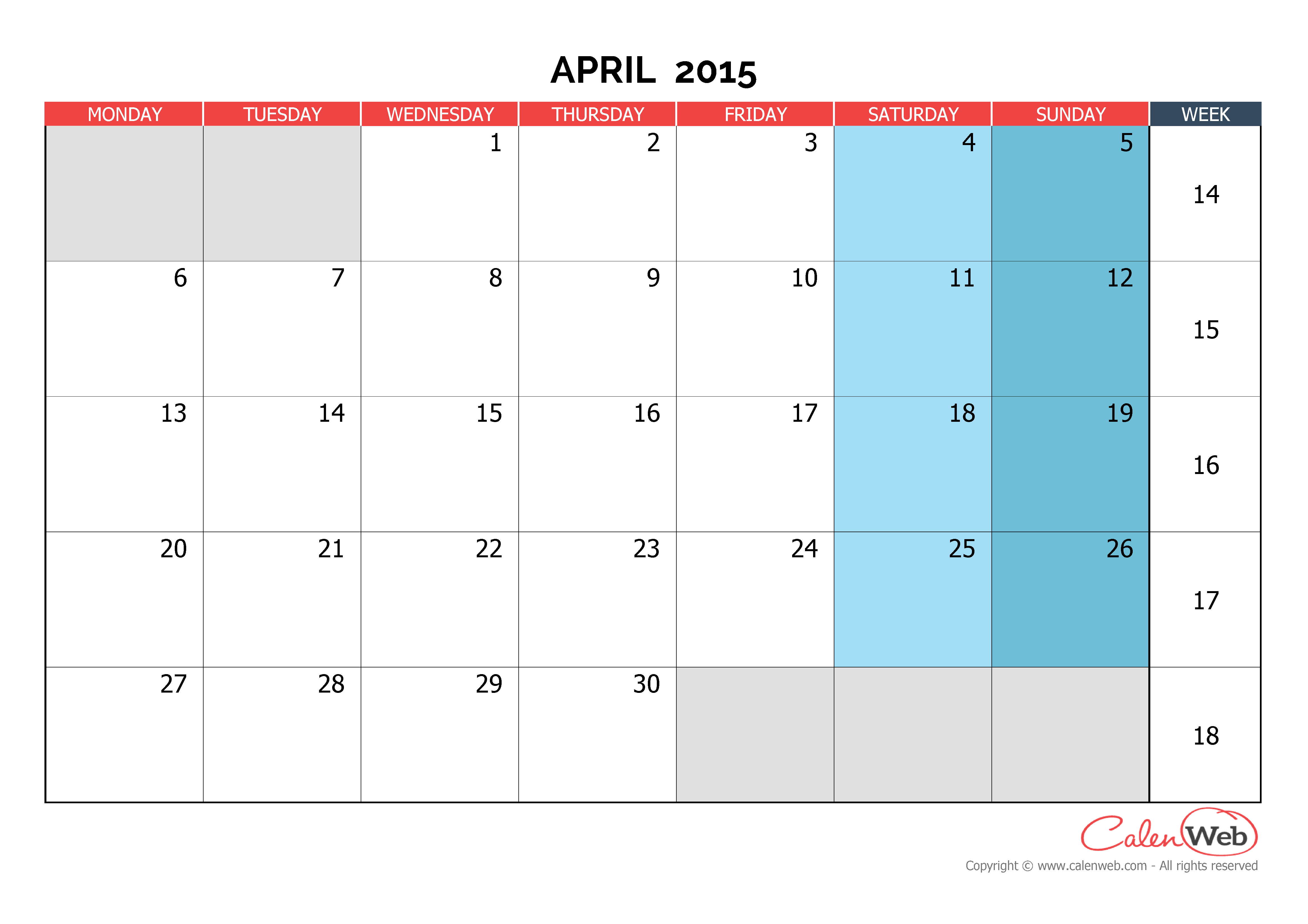 Monthly calendar - Month of April 2015 The week starts on ... Monthly calendar - Month of April 2015 The week starts on ...