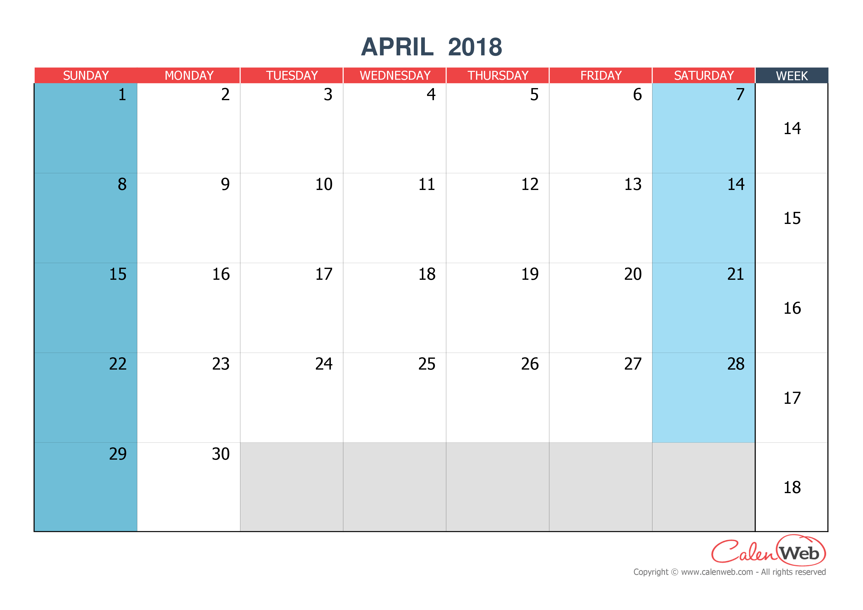 calendar month april 2018