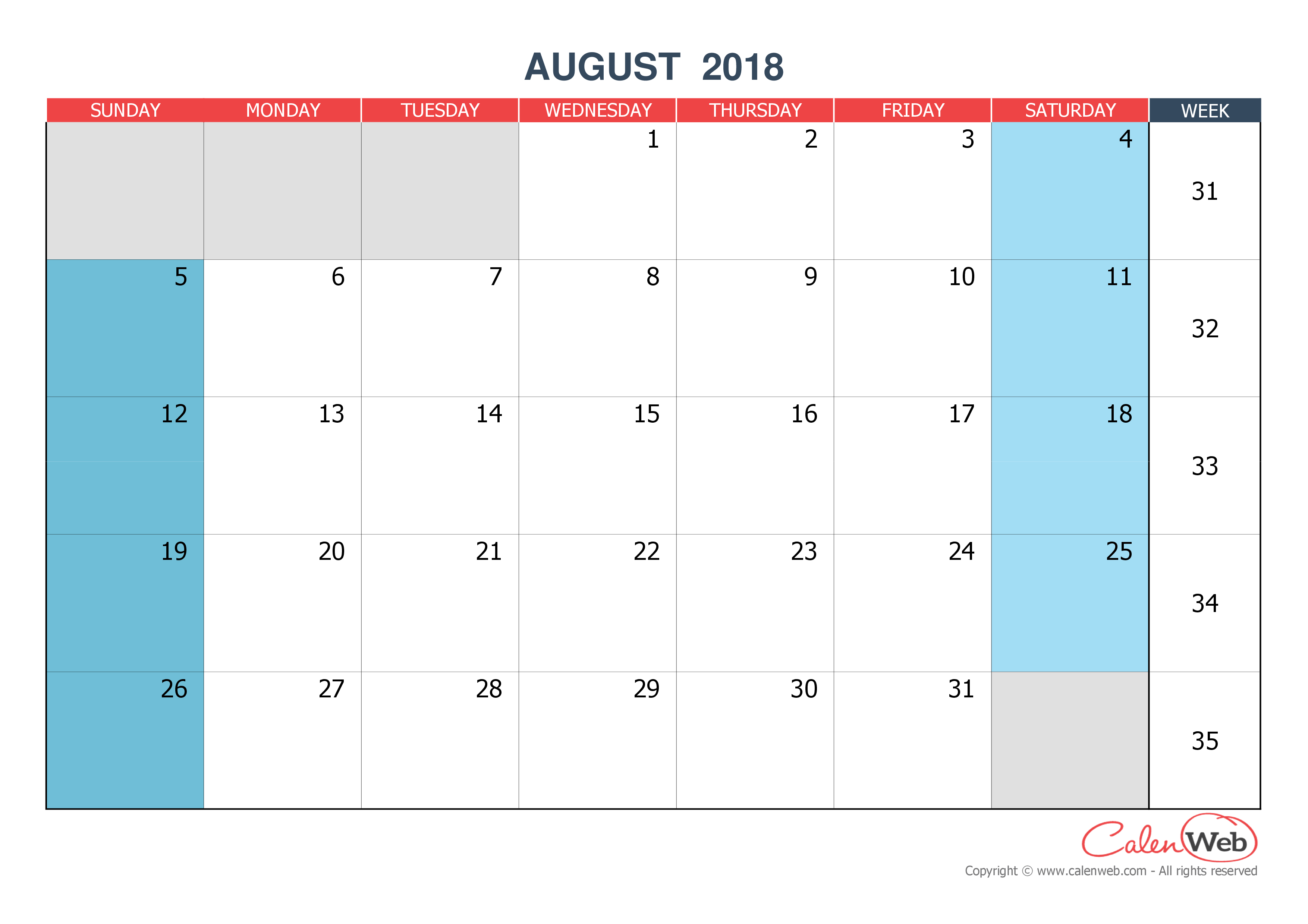 monthly calendar month of august 2018 the week starts on sunday month of august calendar