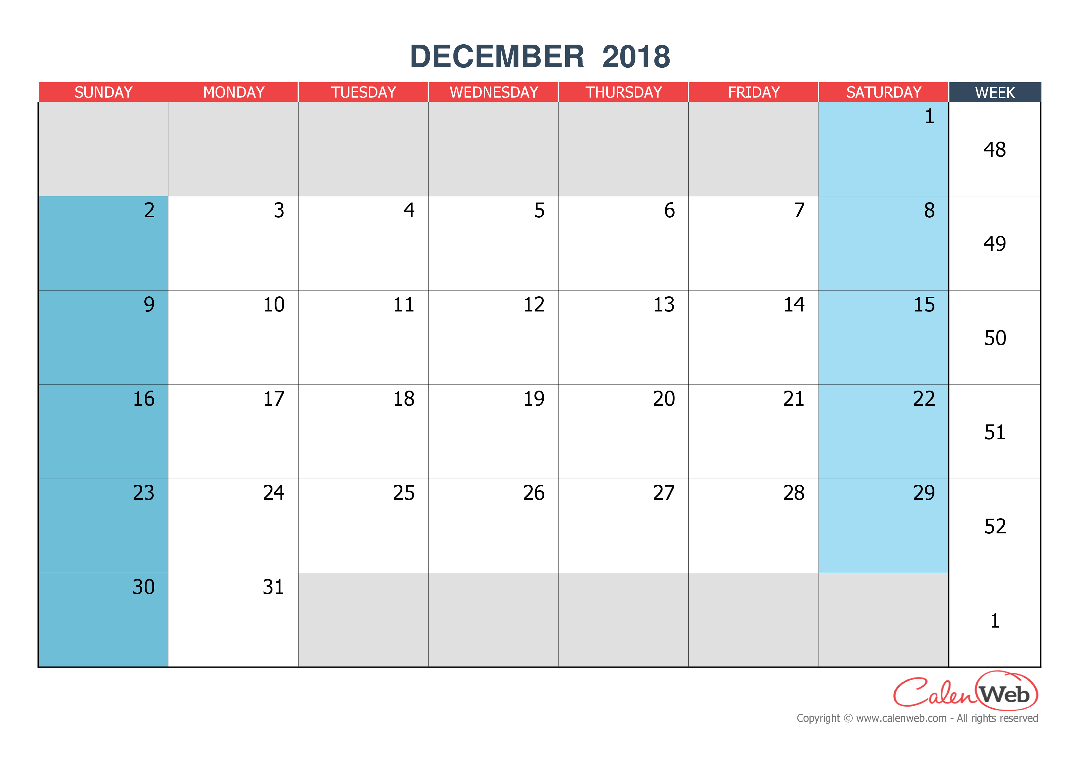december monthly calender