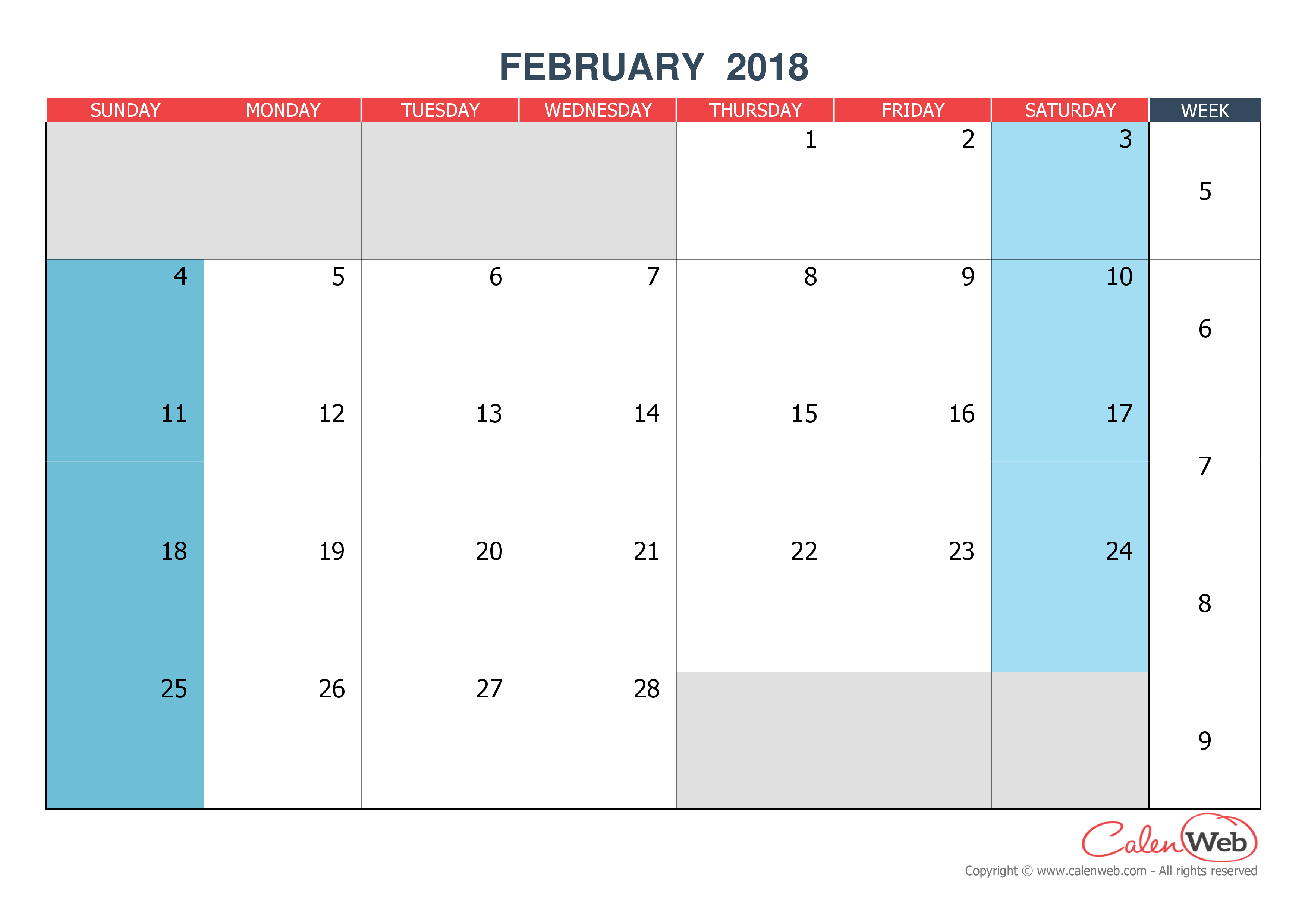 month calendar february 2018