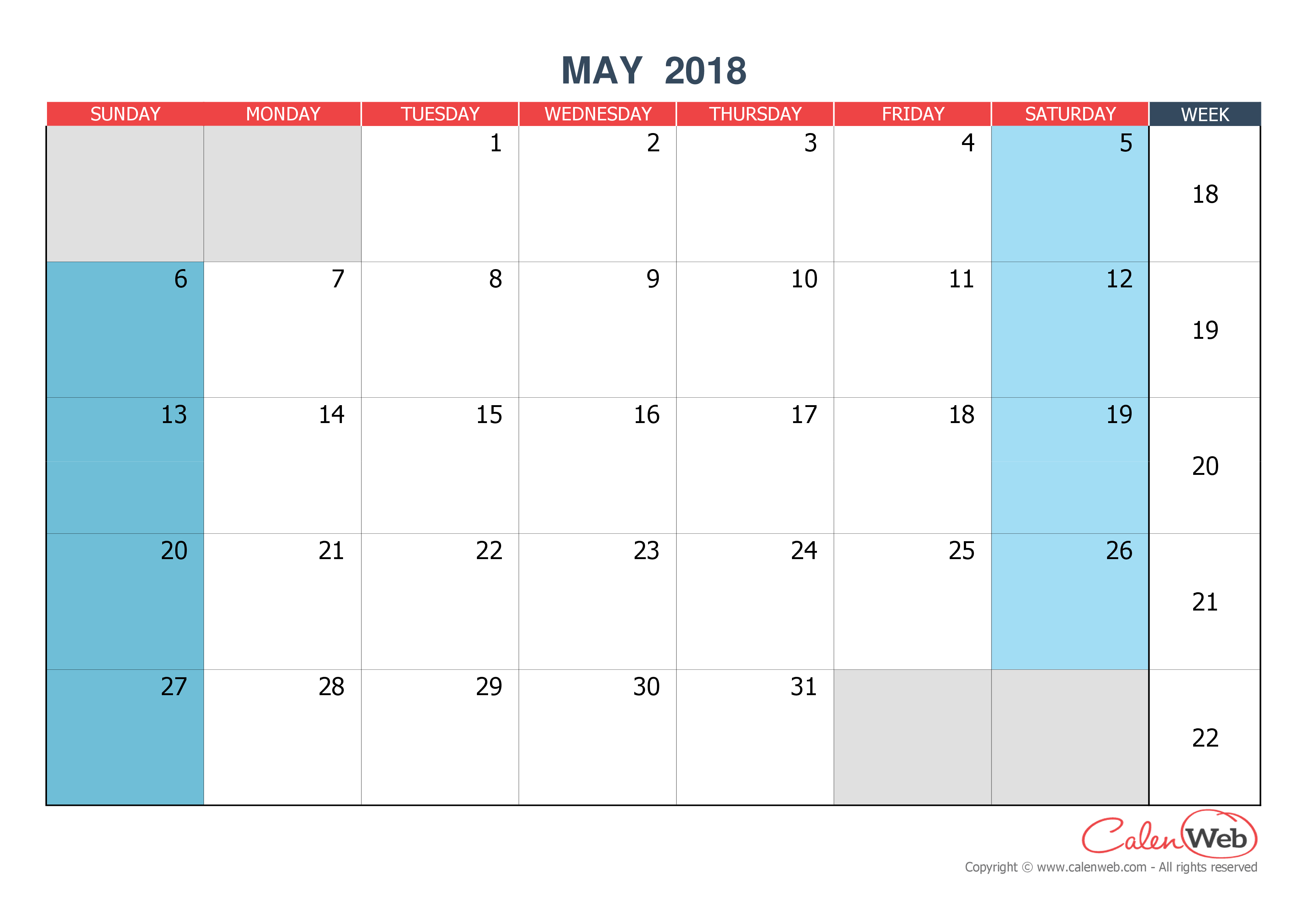 monthly calendar month of may 2018 the week starts on sunday calendar for the month of may