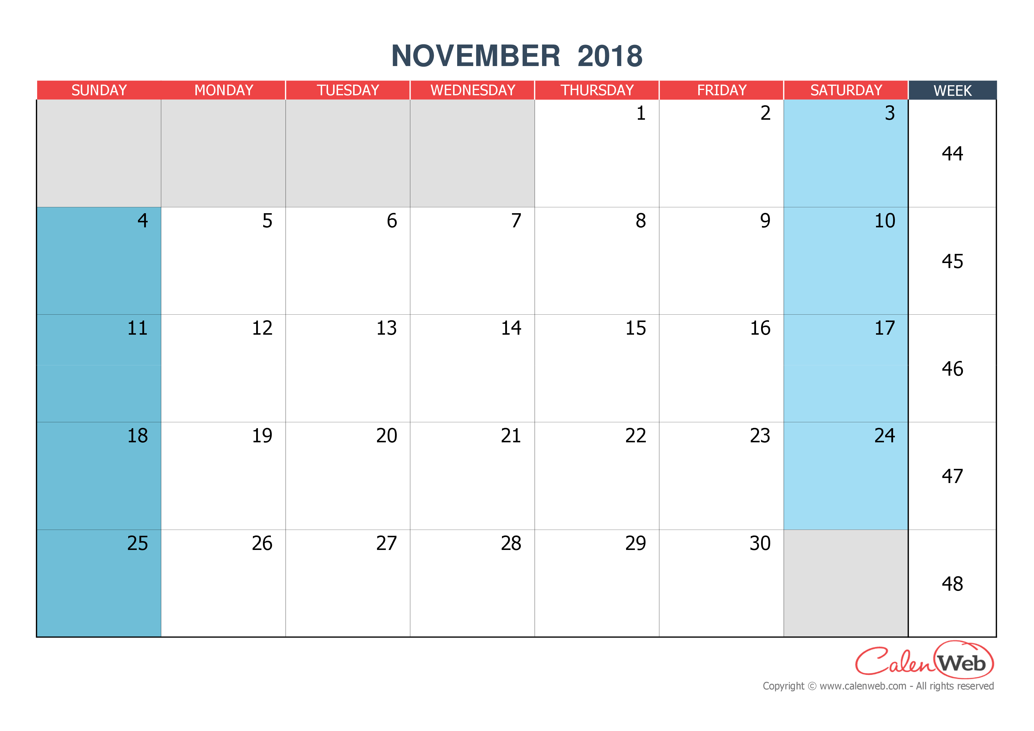 monthly calendar november 2018