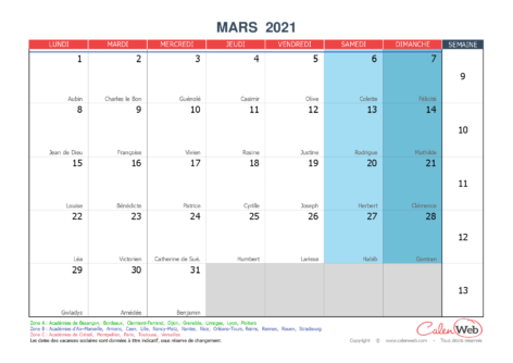 Calendrier mensuel – Mois de mars 2021 Avec fêtes, jours fériés et vacances scolaires