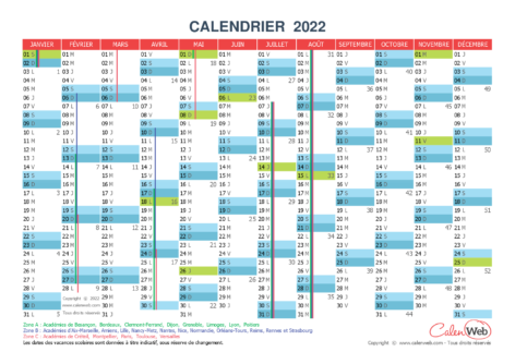 Calendrier annuel – Année 2022 avec jours fériés et vacances scolaires