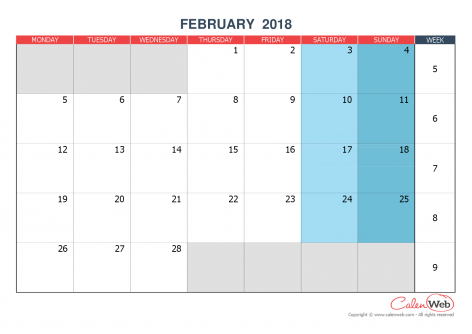 Monthly calendar – Month of February 2018 The week starts on Monday