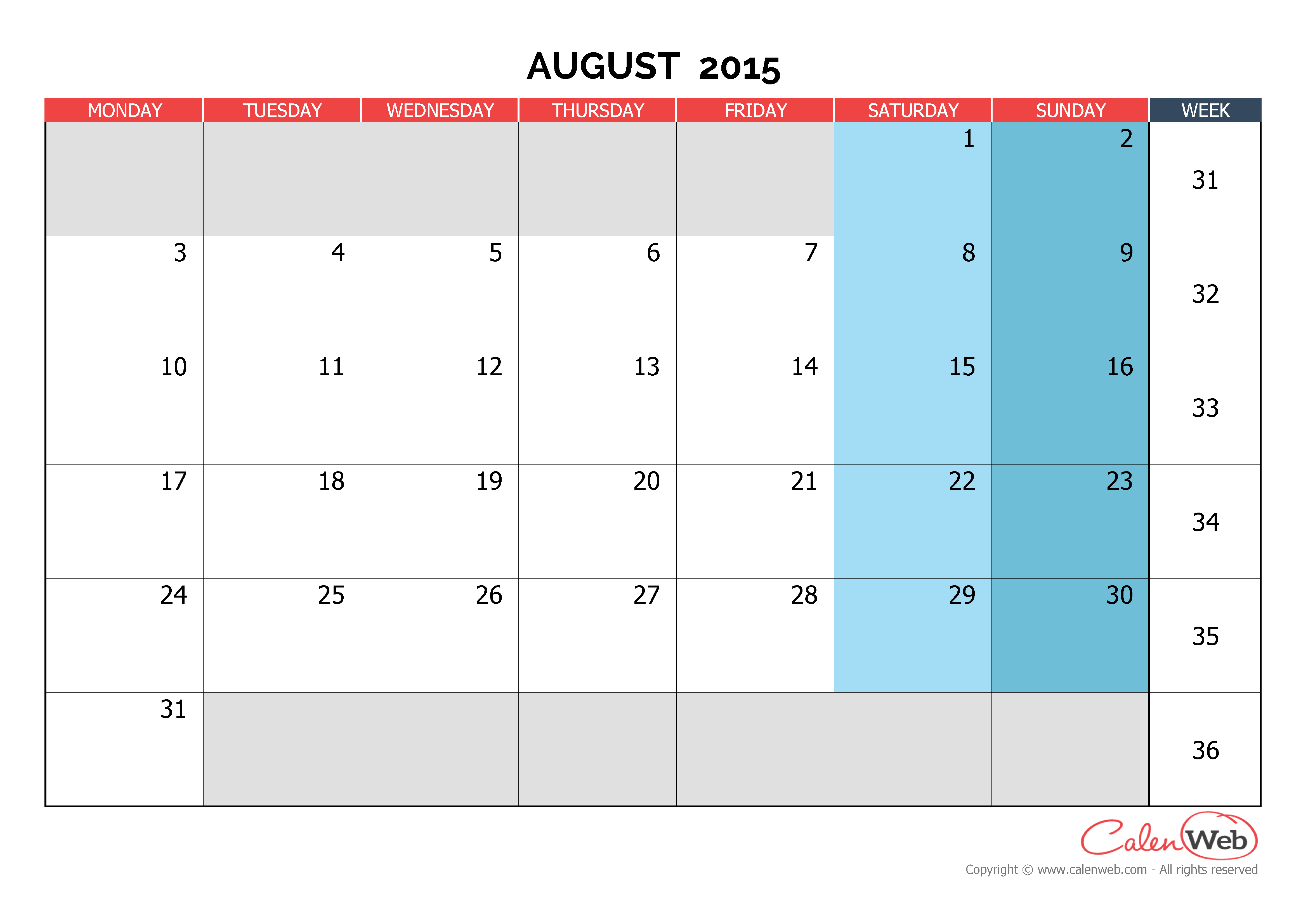 2015 calendars by month