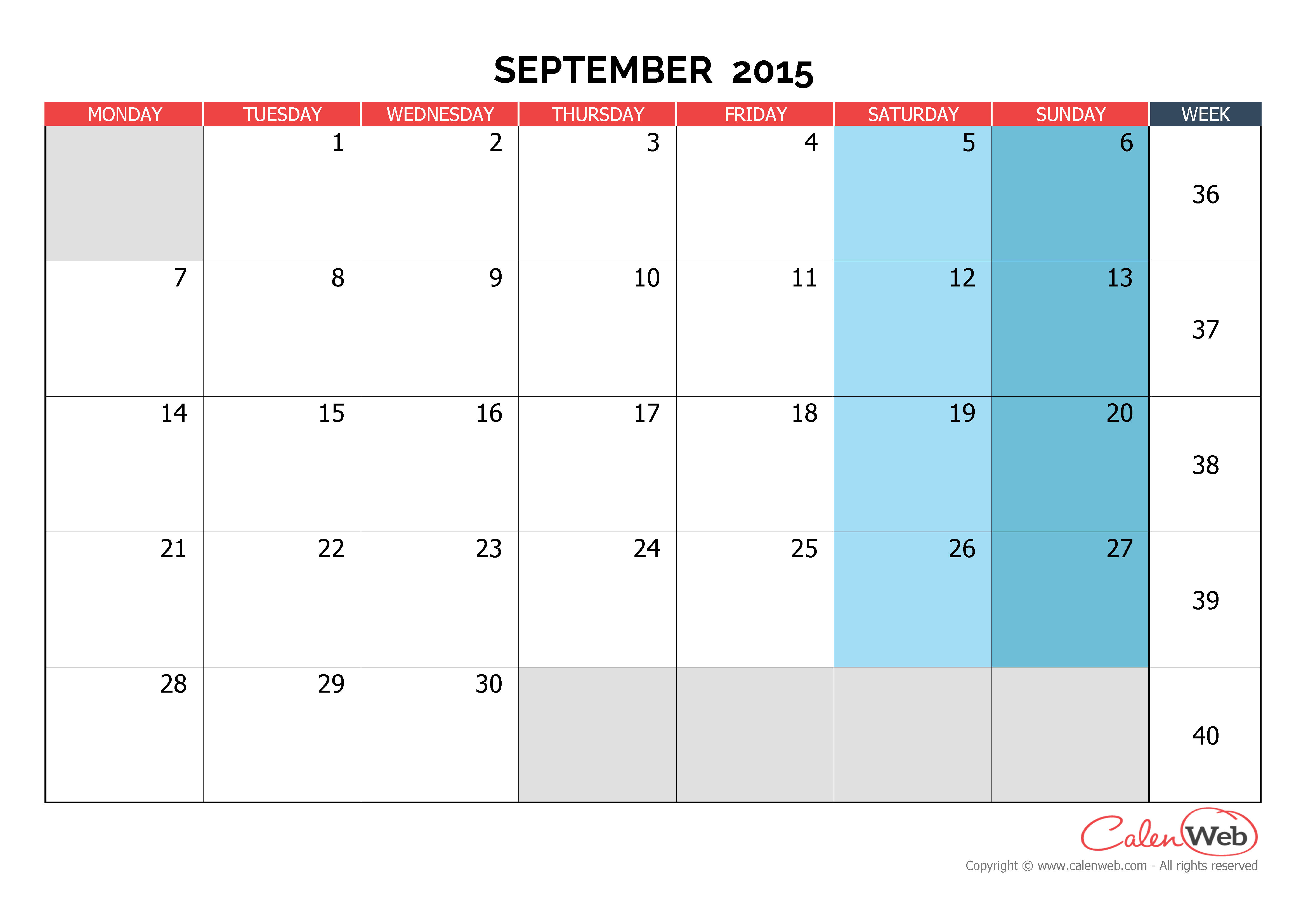 Monthly calendar month of september 2015 the week starts on monday
