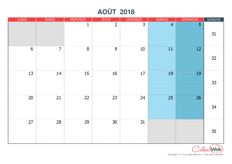 Calendrier mensuel – Mois d’août 2018 Version vierge
