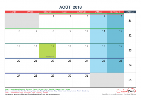 Calendrier mensuel – Mois d’août 2018 Avec jours fériés et vacances scolaires