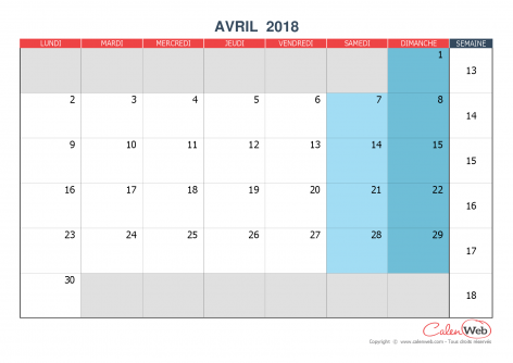 Calendrier mensuel – Mois d’avril 2018 Version vierge