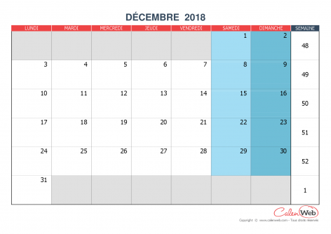 Calendrier mensuel – Mois de décembre 2018 Version vierge
