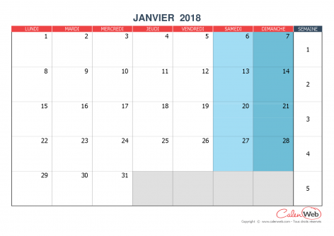 Calendrier mensuel – Mois de janvier 2018 Version vierge