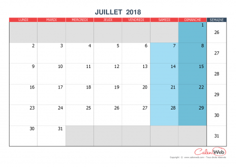 Calendrier mensuel – Mois de juillet 2018 Version vierge