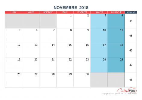 Calendrier mensuel – Mois de novembre 2018 Version vierge