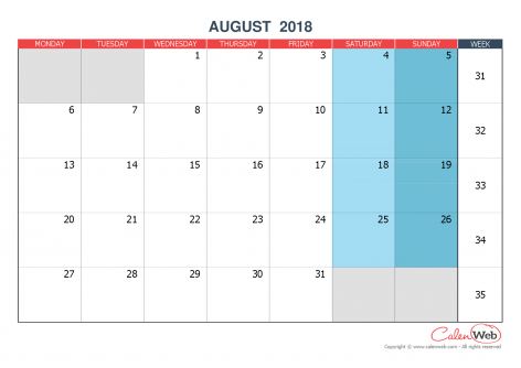 monthly calendar month of august 2018 the week starts on monday month of august calendar