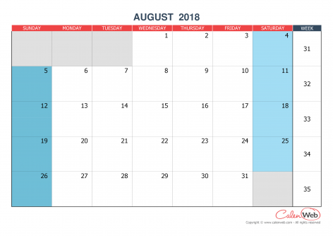 Monthly calendar – Month of August 2018 The week starts on Sunday