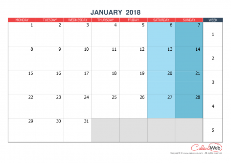 2018 monthly customizable calendar The week starts on Monday