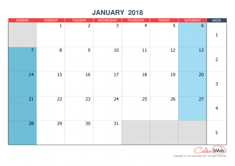 2018 monthly customizable calendar The week starts on Sunday