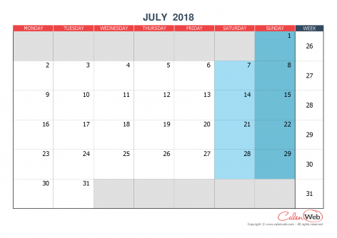 monthly calendar july