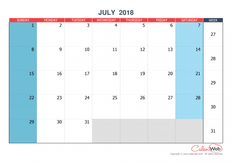 Monthly calendar – Month of July 2018 The week starts on Sunday