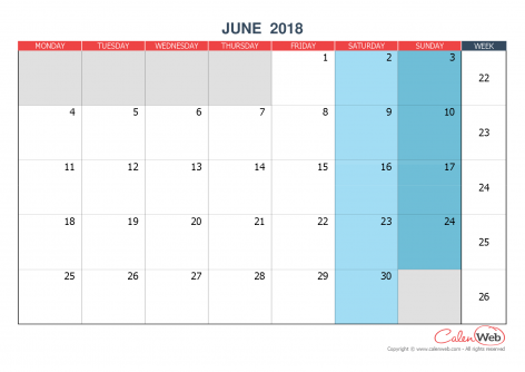 monthly calendar month of june 2018 the week starts on monday june month calendar