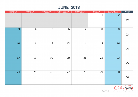 Monthly calendar – Month of June 2018 The week starts on Sunday