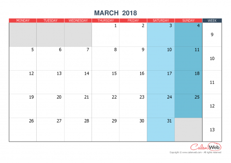 Monthly calendar – Month of March 2018 The week starts on Monday