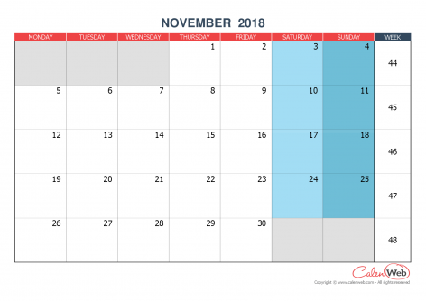 monthly calendar november 2018