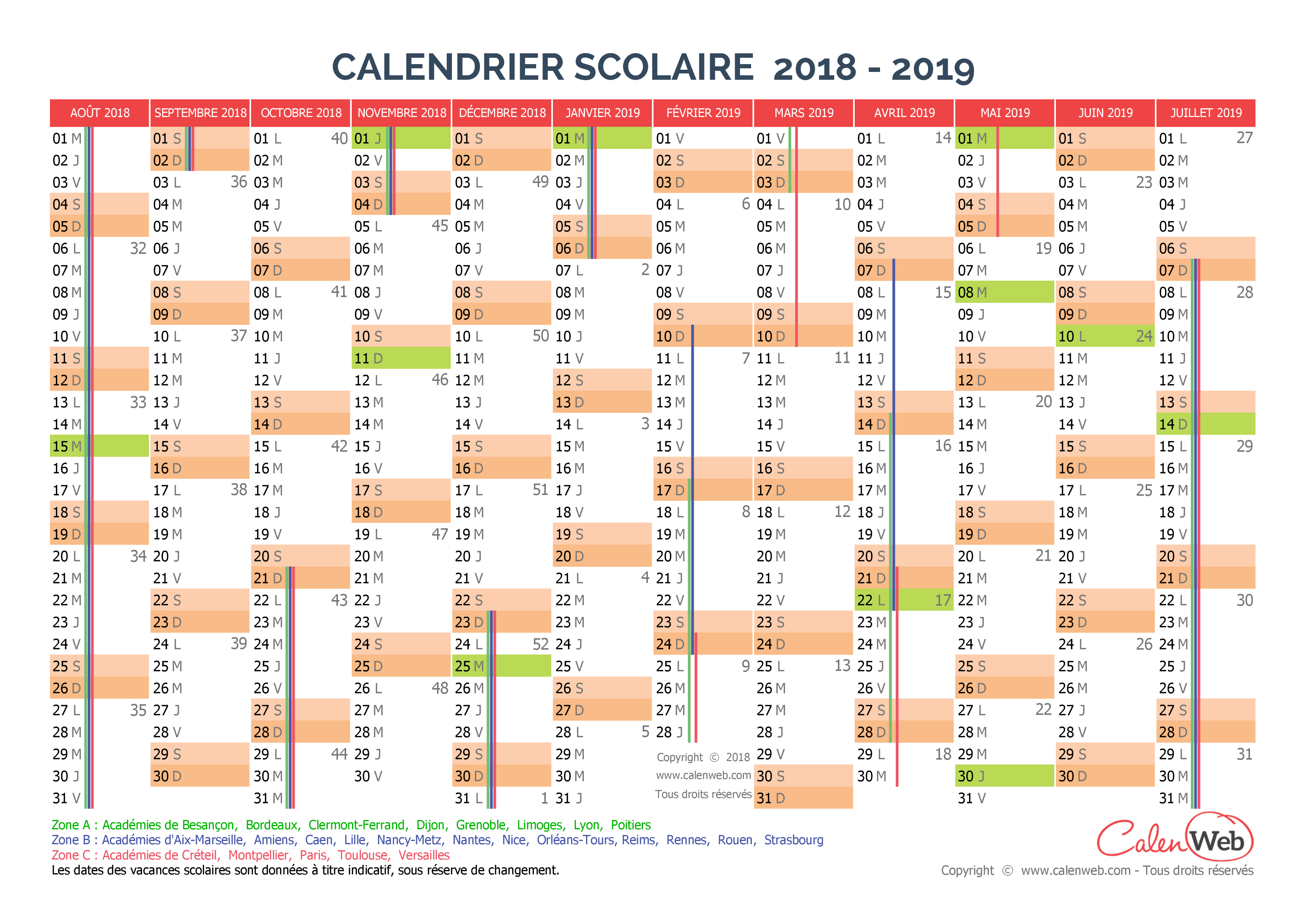 Calendrier Scolaire Annuel 18 19 Avec Affichage Des Jours Feries Et Vacances Scolaires Calenweb Com