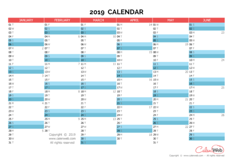 Semiannual calendar – Year 2019 Semiannual horizontal planning