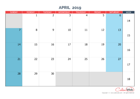 Monthly calendar – Month of April 2019 The week starts on Sunday
