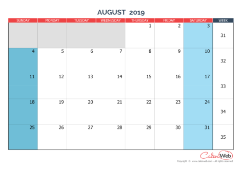 Monthly calendar – Month of August 2019 The week starts on Sunday