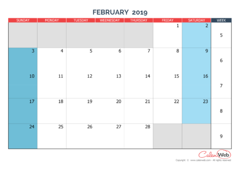 Monthly calendar – Month of February 2019 The week starts on Sunday