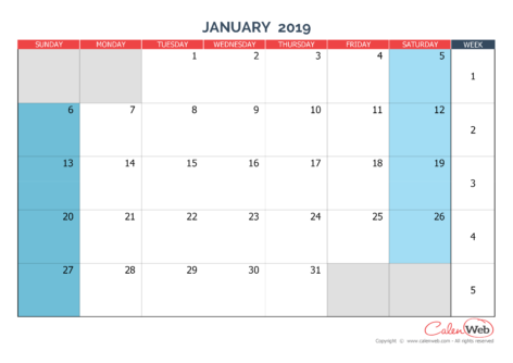 2019 monthly customizable calendar The week starts on Sunday