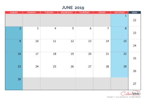 Monthly calendar – Month of June 2019 The week starts on Sunday