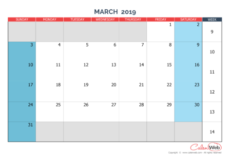 Monthly calendar – Month of March 2019 The week starts on Sunday