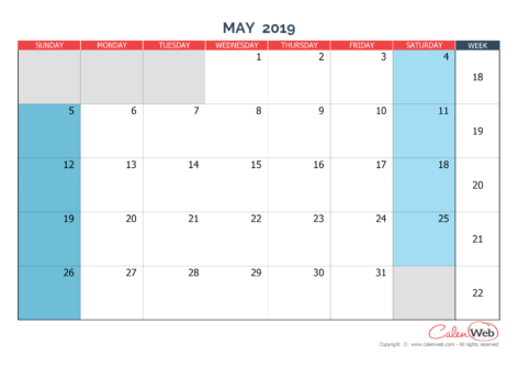 Monthly calendar – Month of May 2019 The week starts on Sunday