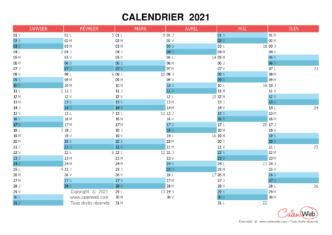 Calendrier semestriel – Année 2021 Planning semestriel vierge