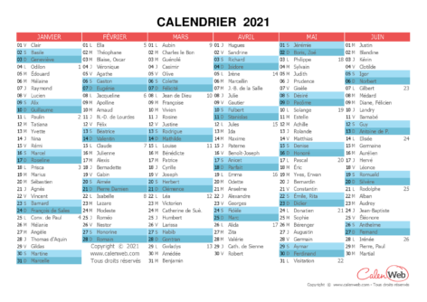 Calendrier semestriel – Année 2021 avec affichage des fêtes