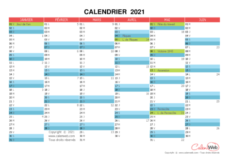Calendrier semestriel – Année 2021 avec affichage des jours fériés