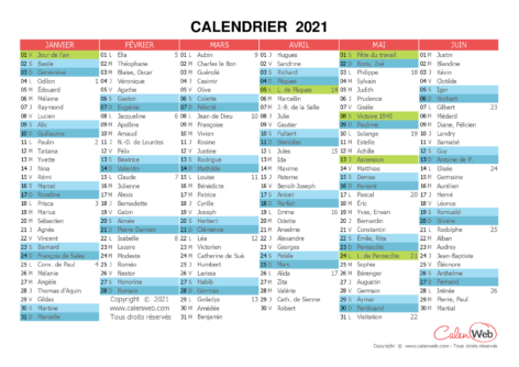 Calendrier semestriel – Année 2021 avec affichage des jours fériés et fêtes du jour