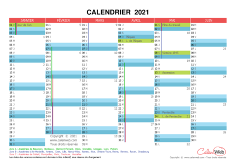 Calendrier semestriel – Année 2021 avec jours fériés et vacances scolaires