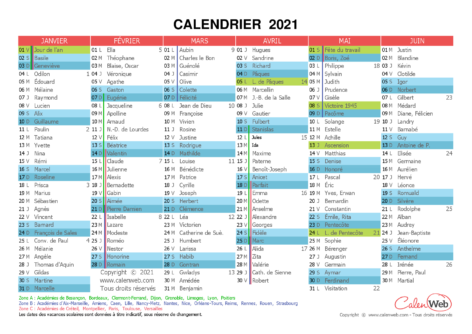 Calendrier semestriel – Année 2021 avec jours fériés, vacances scolaires et fêtes du jour