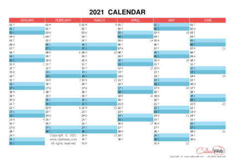 Semiannual calendar – Year 2021 Semiannual horizontal planning
