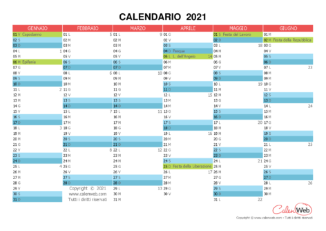 Calendario semestrale – Anno 2021 con le festività italiane