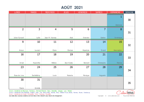 Calendrier mensuel – Mois d’août 2021 Avec fêtes, jours fériés et vacances scolaires