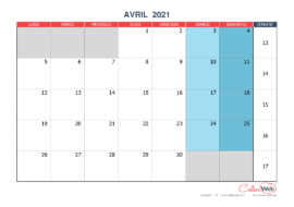 Calendrier mensuel – Mois d’avril 2021